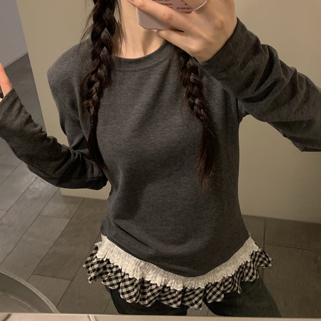 gingham check frill hem layered tee  e1829