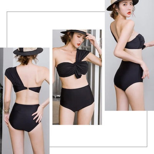 ワンショルダー 水着 2点セット ビキニ 水着 セパレート 水着 レディース 体型カバー バンドゥ ビキニ ハイウエスト 盛れる リゾート リボン セクシー オトナ 二の腕 お腹