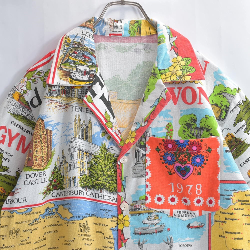 Remakeリメイク ヴィンテージ テキスタイル パッチワーク デザイン 再構築 半袖シャツ コットン リネン ツギハギ 古着 アップサイクル メンズL相当