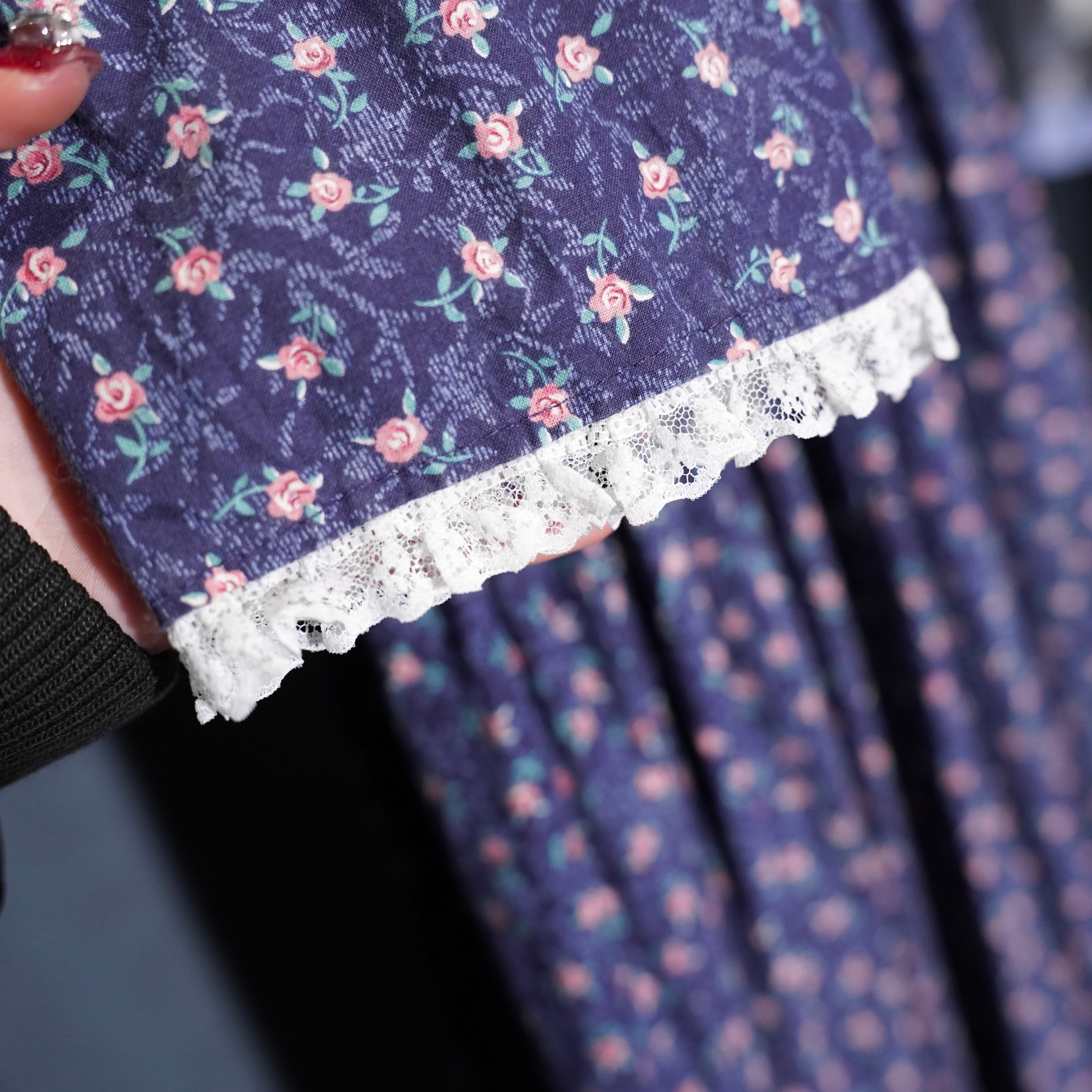 70's USA VINTAGE FLOWER PATTERNED LACE DESIGN COTTON DRESS ONE