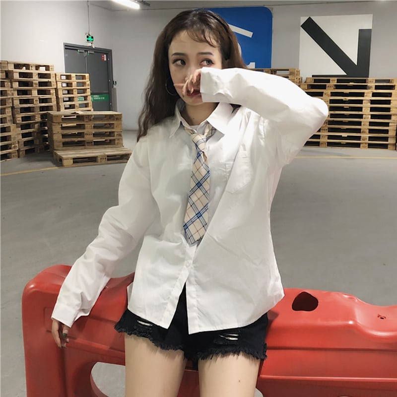 春秋 韓国 学生風 カッター シャツ ブラウス 白 ホワイト