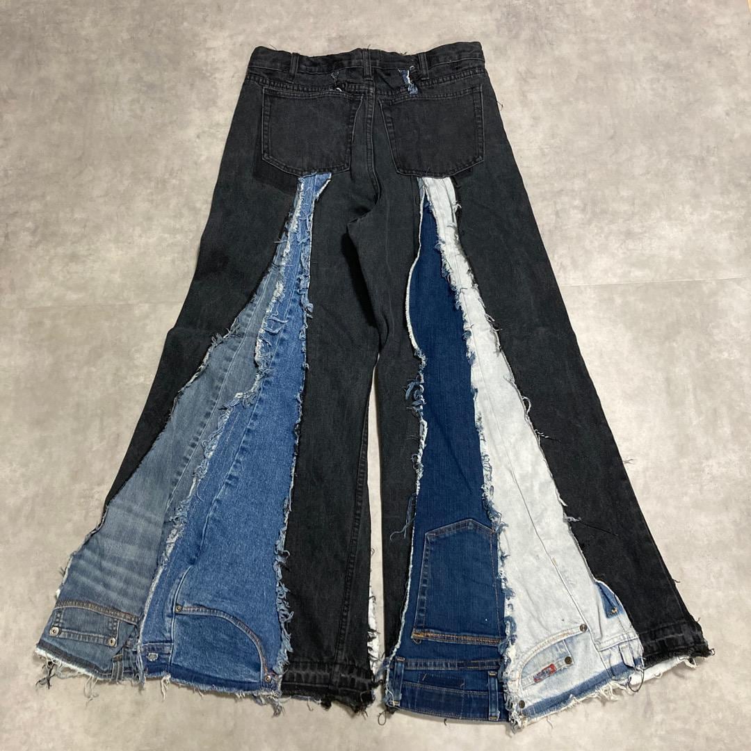 リメイクデニム ブルーデニム ワイド フレア 再構築 M 黒 青 14325 | fuufu