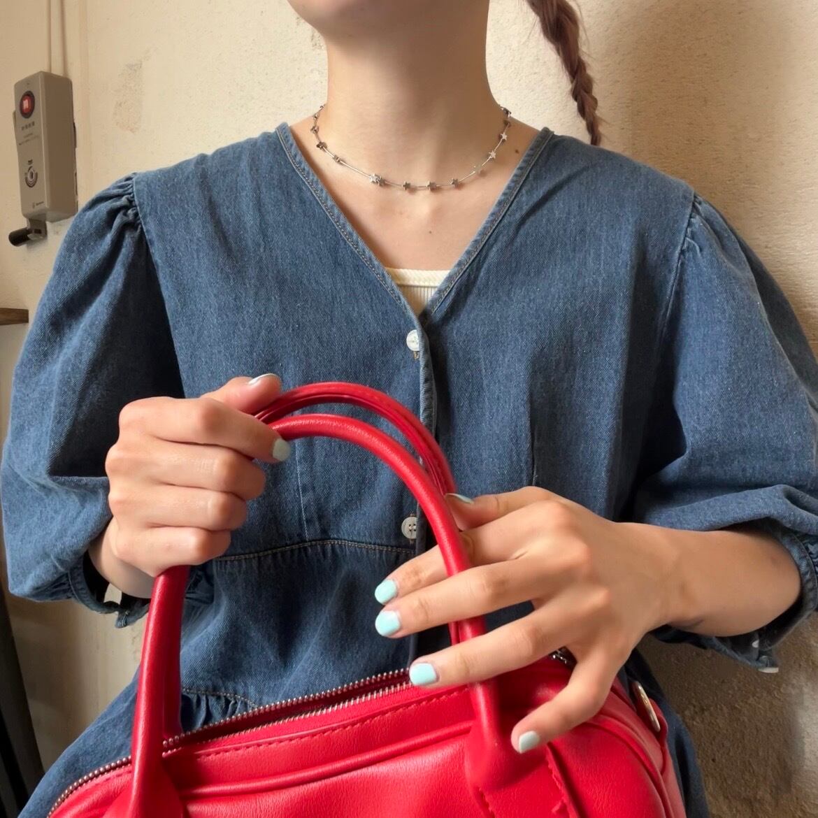 パフショルダーデニムロングワンピース_LN02121