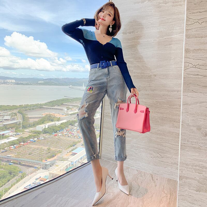 カラーVネックスリムストライプニットカーディガンオータム 秋物 ステッチ MIUCO26508779371