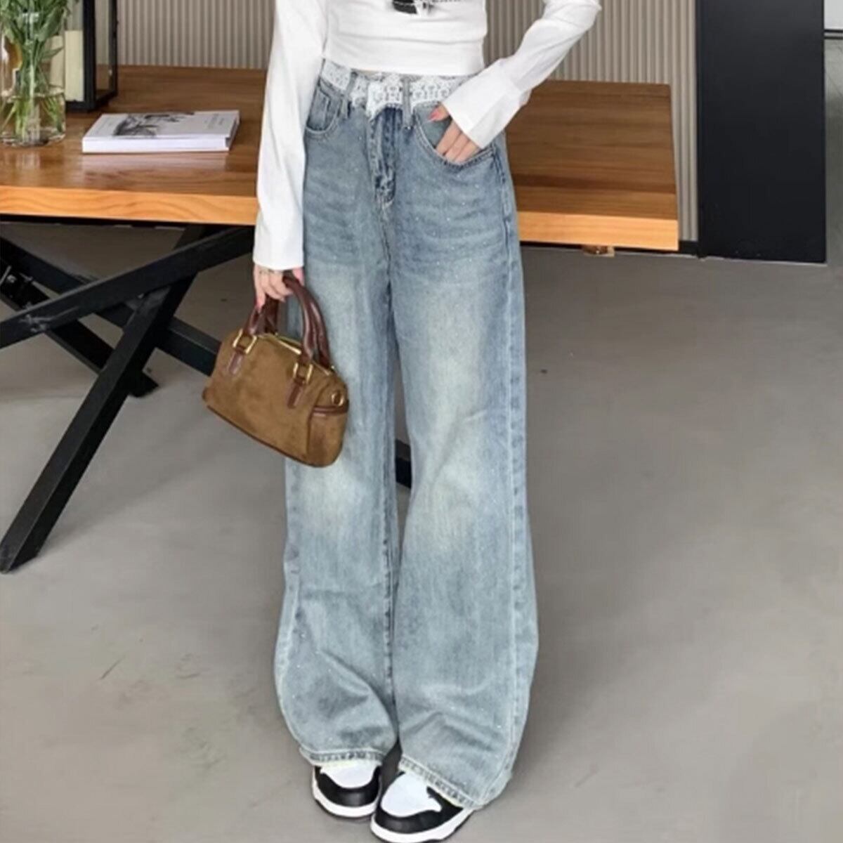 ビジューデニム ジーンズ レディース 韓国 デニム レースウエスト 大人 カジュアル きれいめ おしゃれ ラインストーン ハイウエスト ゆったり ストレート 大人可愛い 大人女子