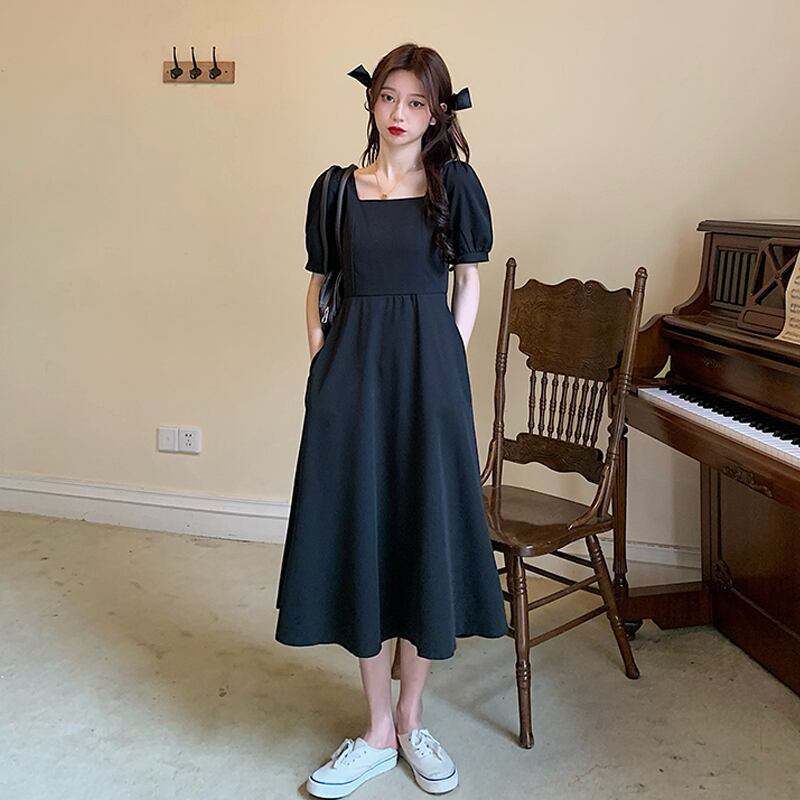 スタイルブラックドレス サマースリーブロングスカート 夏物 スクウェア スーパーモール39614254963