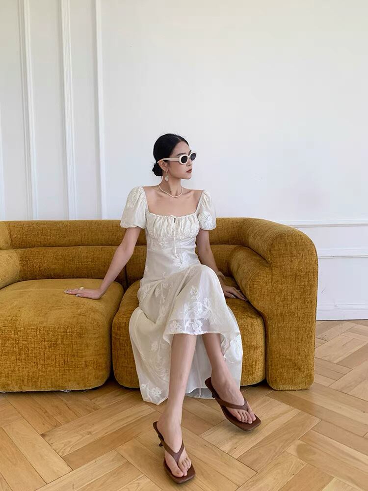 Square Neck Puff Sleeve Midi Dress 【M260066】 | Molabella