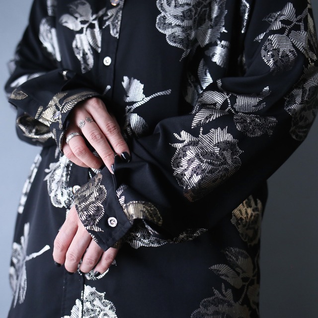 "black×silver" flower art pattern mode shirt