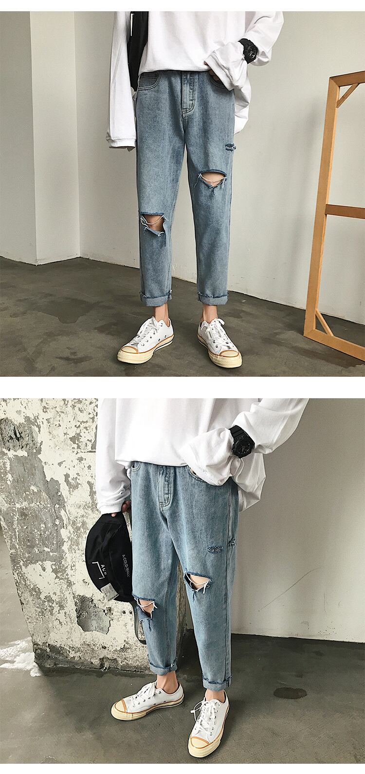 全1色 デニム パンツ ストレート カジュアル ダメージ おしゃれ