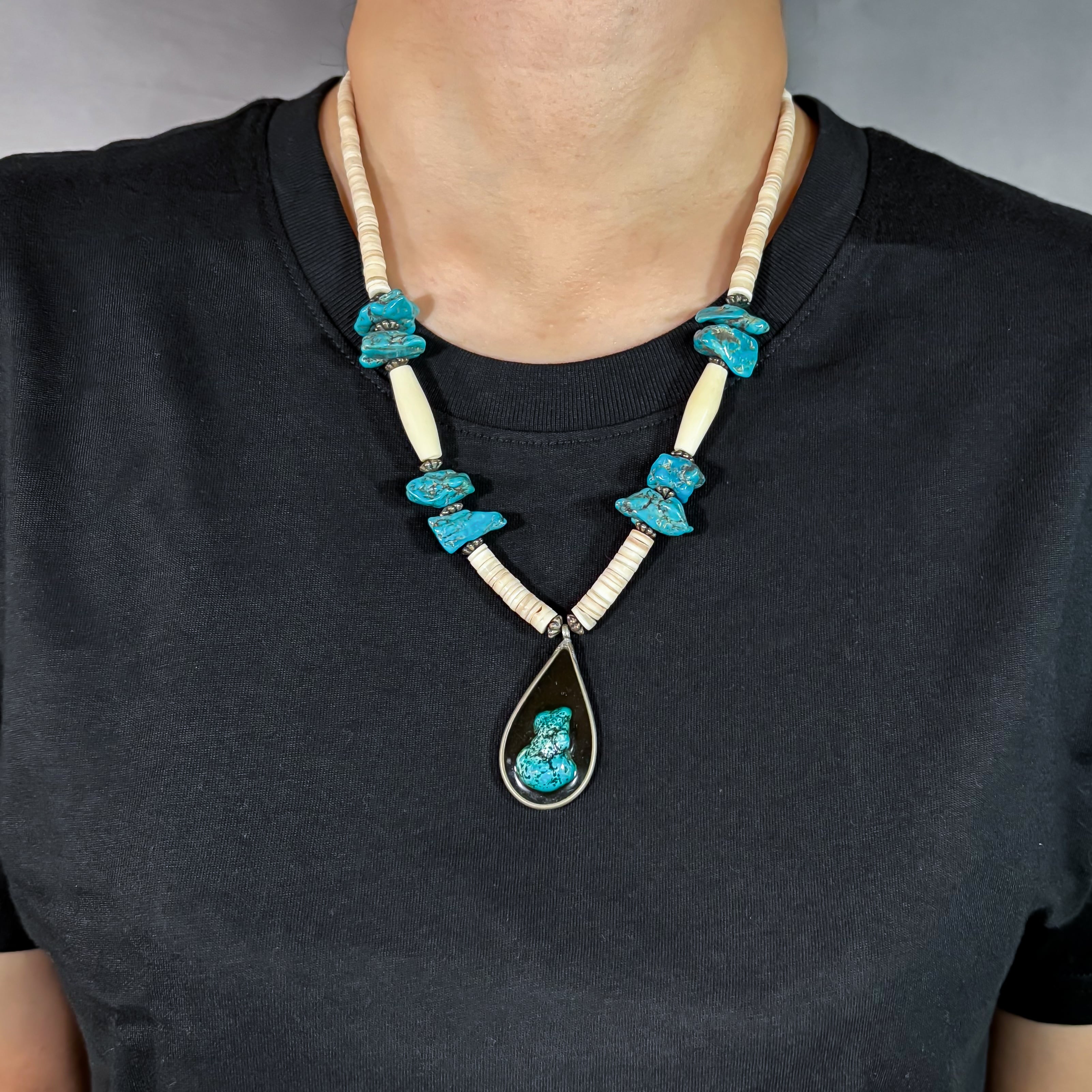 Unisex】 ターコイズ & シェル ネイティブ調 ネックレス