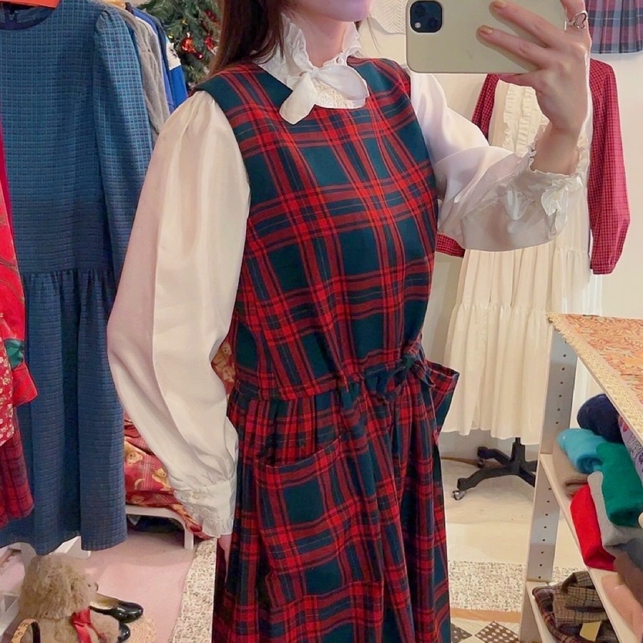 red check back button jumper skirt