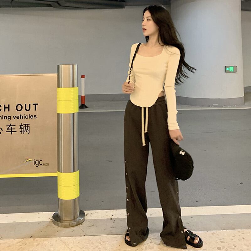 オータムTシャツ ハイウェストスリムパンツ カジュアルサマー ロング 夏物 秋物 ガールズファッション22828132255