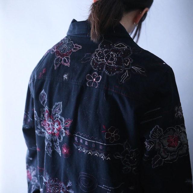 "刺繍" flower art pattern beads decoration box silhouette cotton shirt jacket