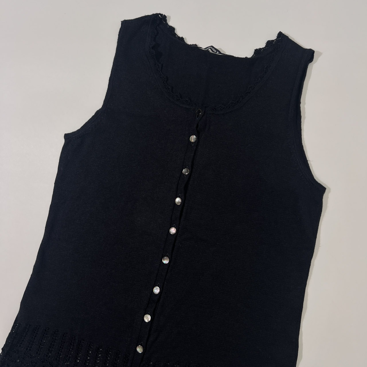 Mademoiselle NON NON マドモアゼルノンノン リネン100% レース切替 ノースリーブ ニットベスト M/ネイビー