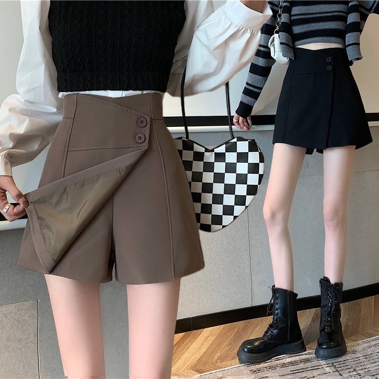 スカート風 ショートパンツ ラップパンツ キュロット ハイウエスト ショーパン レトロ 韓国ファッション レディース 大人可愛い ガーリー /  High Waist Irregular Wide Leg Shorts Rear Zipper Pants (DTC-656365250595) |  