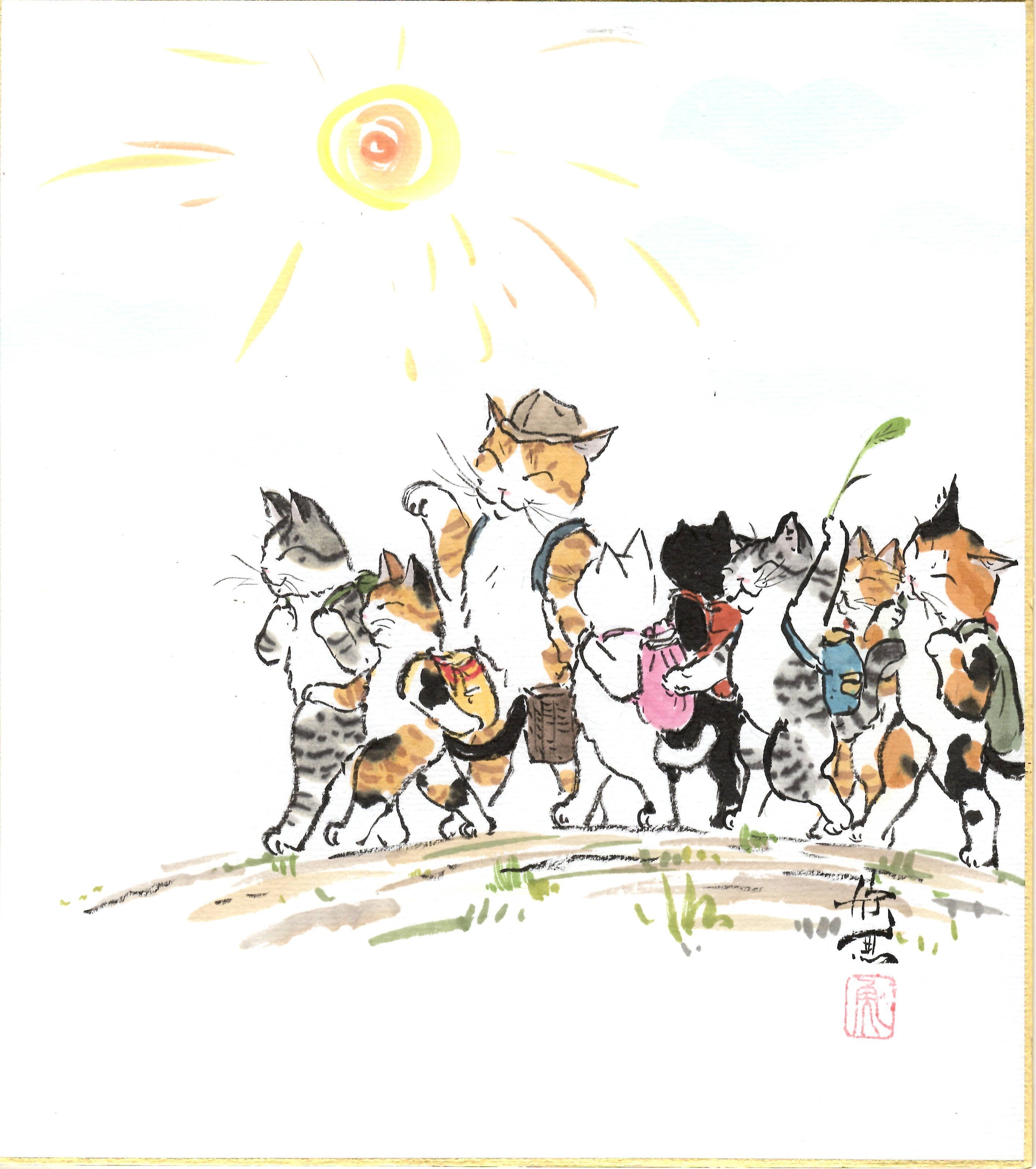 西村欣魚「遠足猫」色紙絵 | 吉村唐木店 WEBSHOP