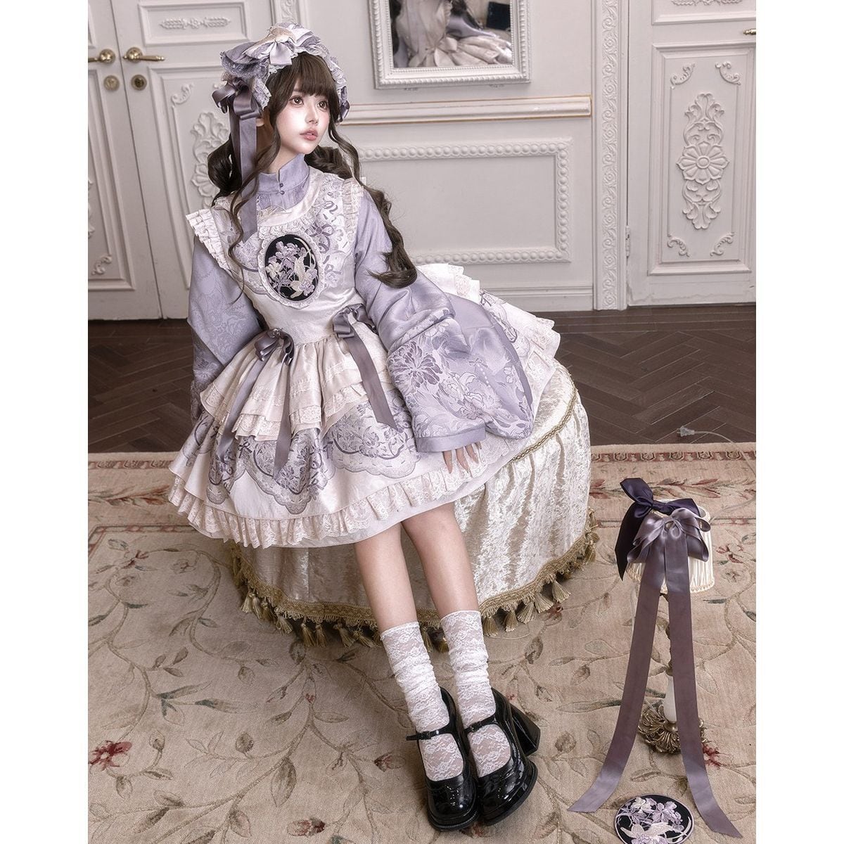 新品タグ付 リナシメント フリルワンピース パープル XS 結婚式 チャイナノスタルジーパープル姫袖ワンピース：ダークパープルトップス