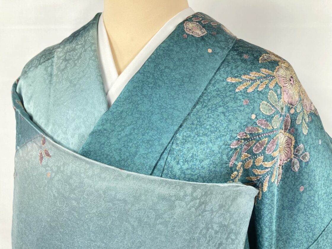 単衣】辻が花 絞り 天目染め 訪問着 正絹 金彩 青緑 ターコイズブルー 