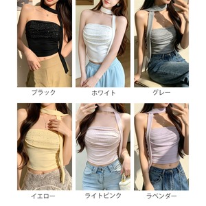 ベアトップ レディース 夏 韓国 チューブトップ カップ付き ラインストーン スカーフ付き ギャザー ショート丈 肌見せ へそ出し ワンホン きれいめ フェミニン カジュアル インナー デート お出かけ トップス [LS-CGT154]