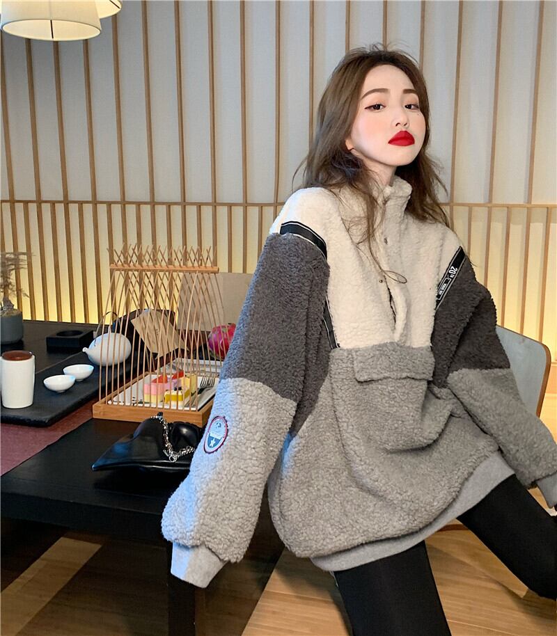 ウールセーター ジャケット レディースウィンターベルベットルーズジッパープルオーバー トップス 冬物 ブラックストロベリース55900472281