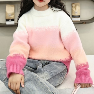 【送料無料】 子供服 女の子 ニット セーター グラデーション 長袖 韓国 春秋 キッズ 小学生 かわいい おしゃれ 厚手 暖かい カジュアル ゆったり 通学 通園 大人可愛い 大人女子