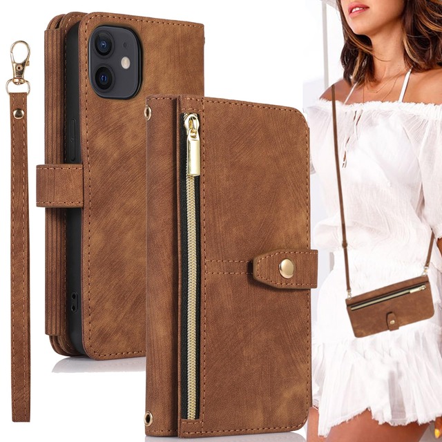 BonwFzin For iPhone 11 ケース 手帳型 ショルダー 【 ストラップ 二本同梱】 アイフォン 11 スマホケース 手帳 アイホン11 携帯カバー 適用 ストラップホール付き カード収納 バッグ マグネット 肩がけ 斜め掛け ファスナー ジッパー ストラップ付き スタンド カード入れ レトロ ブラウン