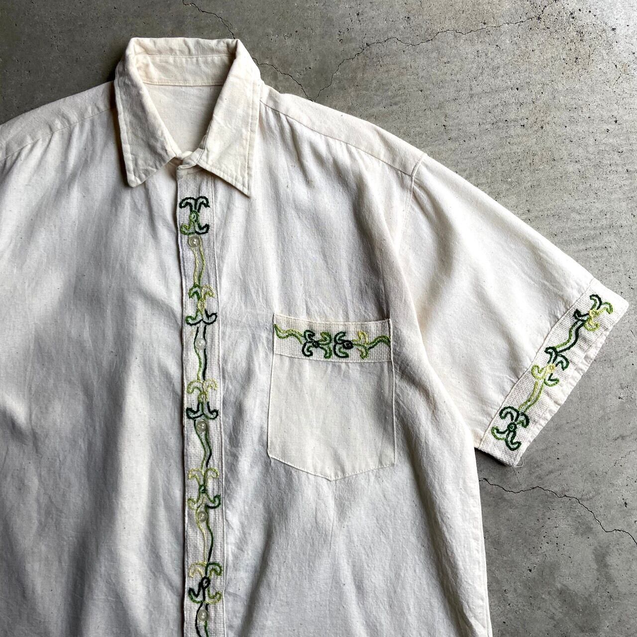 エスニック刺繍 半袖 リネンシャツ メンズxl相当 古着 生成り オフホワイト 半袖シャツ Cave 古着屋 公式 古着通販サイト