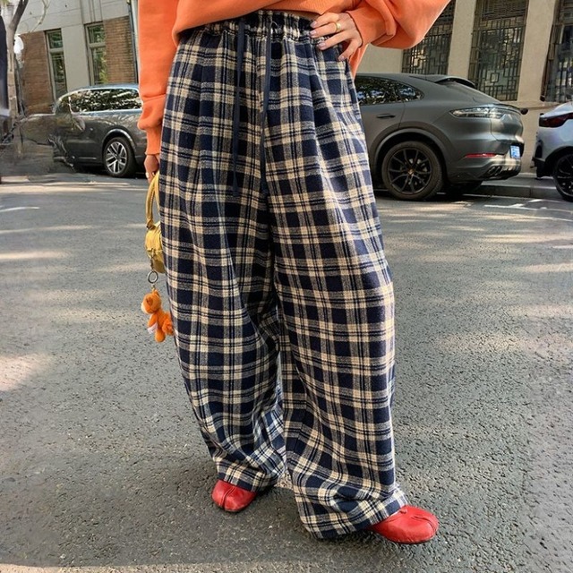 Plaid wide leg drawstring pants 00642