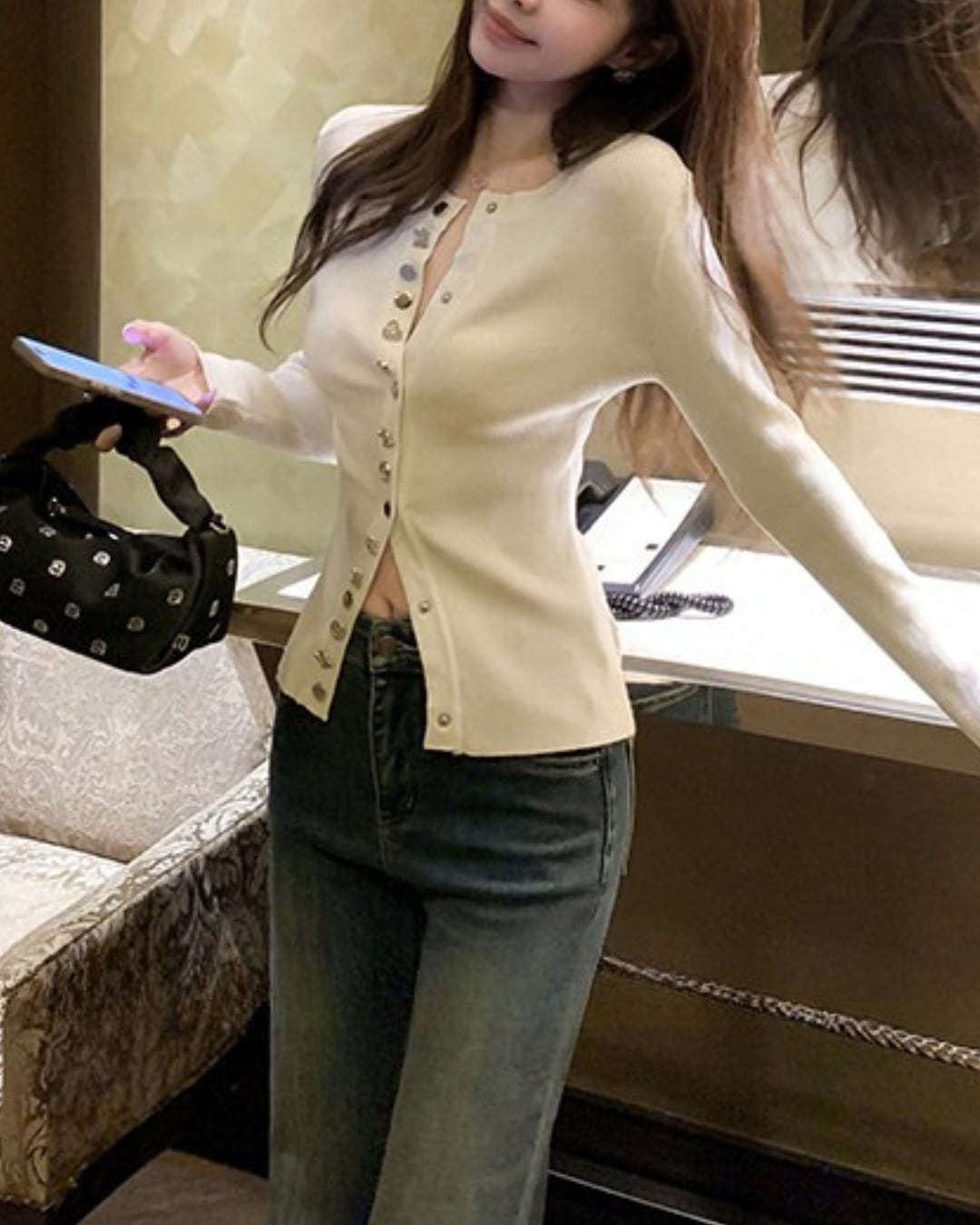 ラインストーンボタンニットカーディガン l5224