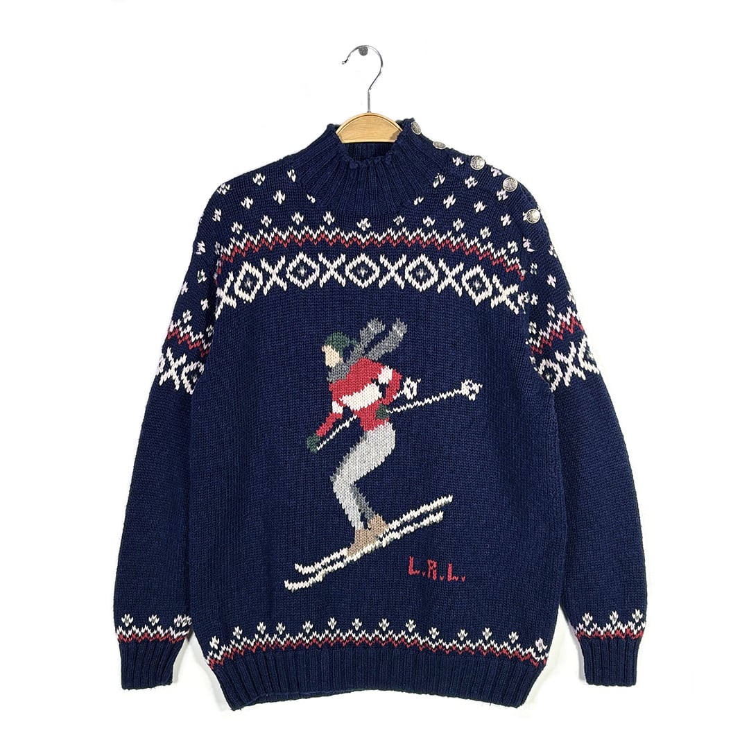 ローレン ラルフローレン 手編み ハンドニット コットンリネン ノルディックセーター スキー柄 ハイネック LAUREN RALPH LAUREN レディースM ネイビー 古着 CH1098