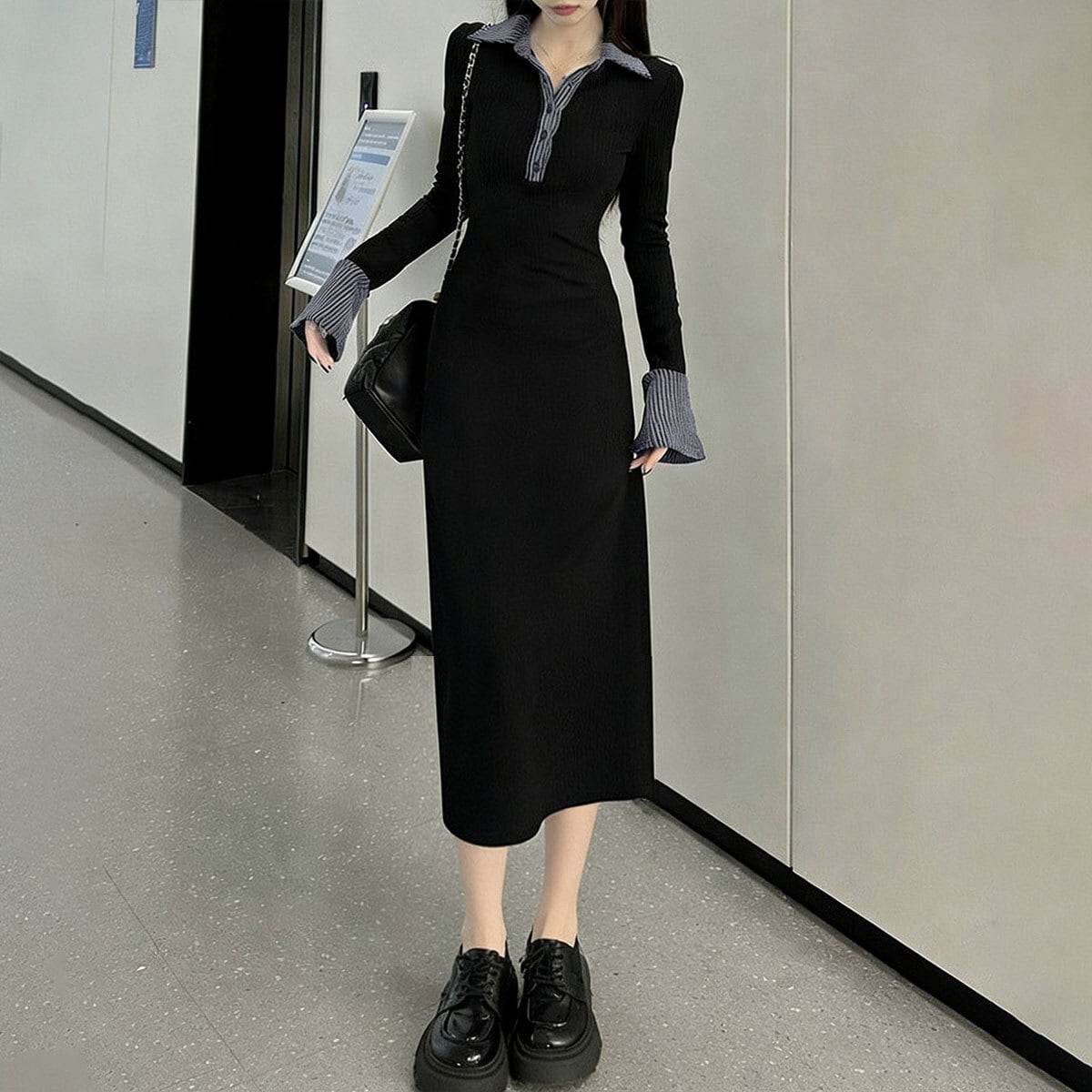 ポロ衿 ロングワンピース 長袖 レディース 春秋冬 韓国 ワンピース きれいめ 大人 かわいい カジュアル ハーフボタン 配色 ブラック 黒 リブニット ニットワンピース 大人可愛い 大人女子