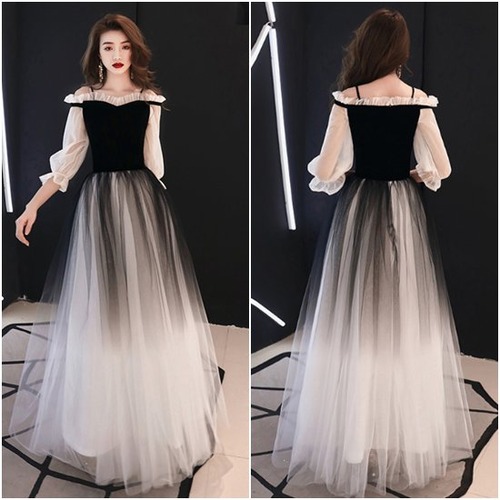 演奏会ドレス ロングドレス 大きいサイズ スリング メッシュドレス ロングスカート エレガント 個性的 チュチュスカート 七分袖 長袖 グラデーション お呼ばれ 結婚式 演奏会ドレス ロングドレス