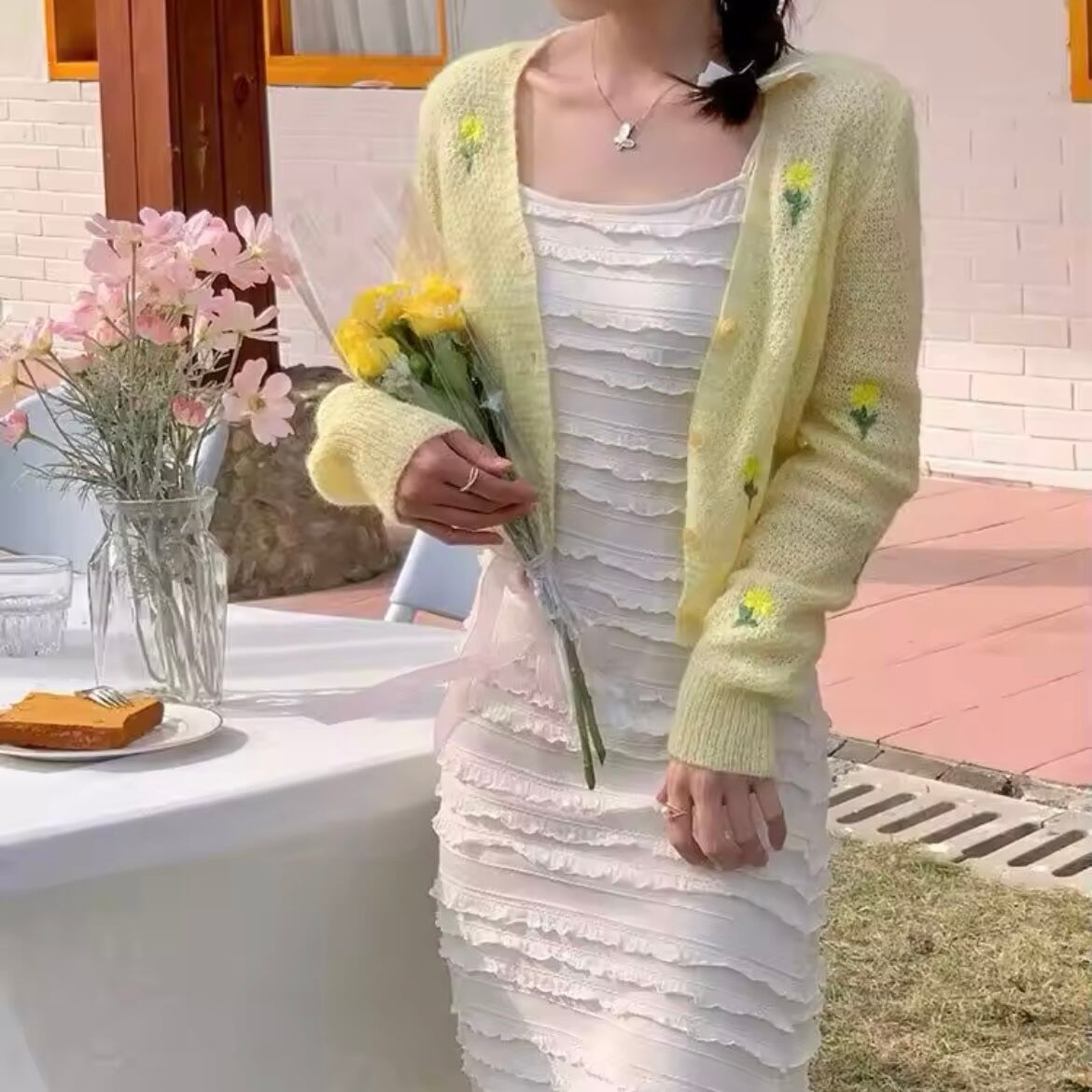 フラワーステッチカーディガンセット