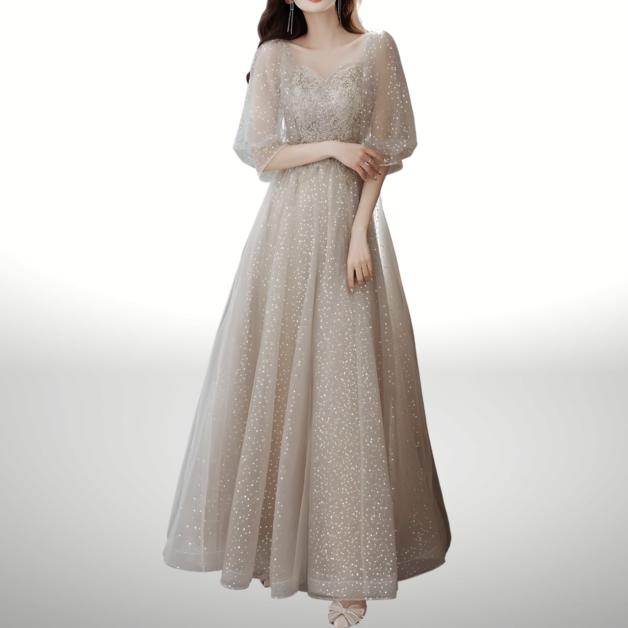 大きいサイズ七分袖シャンパンドレス 1571