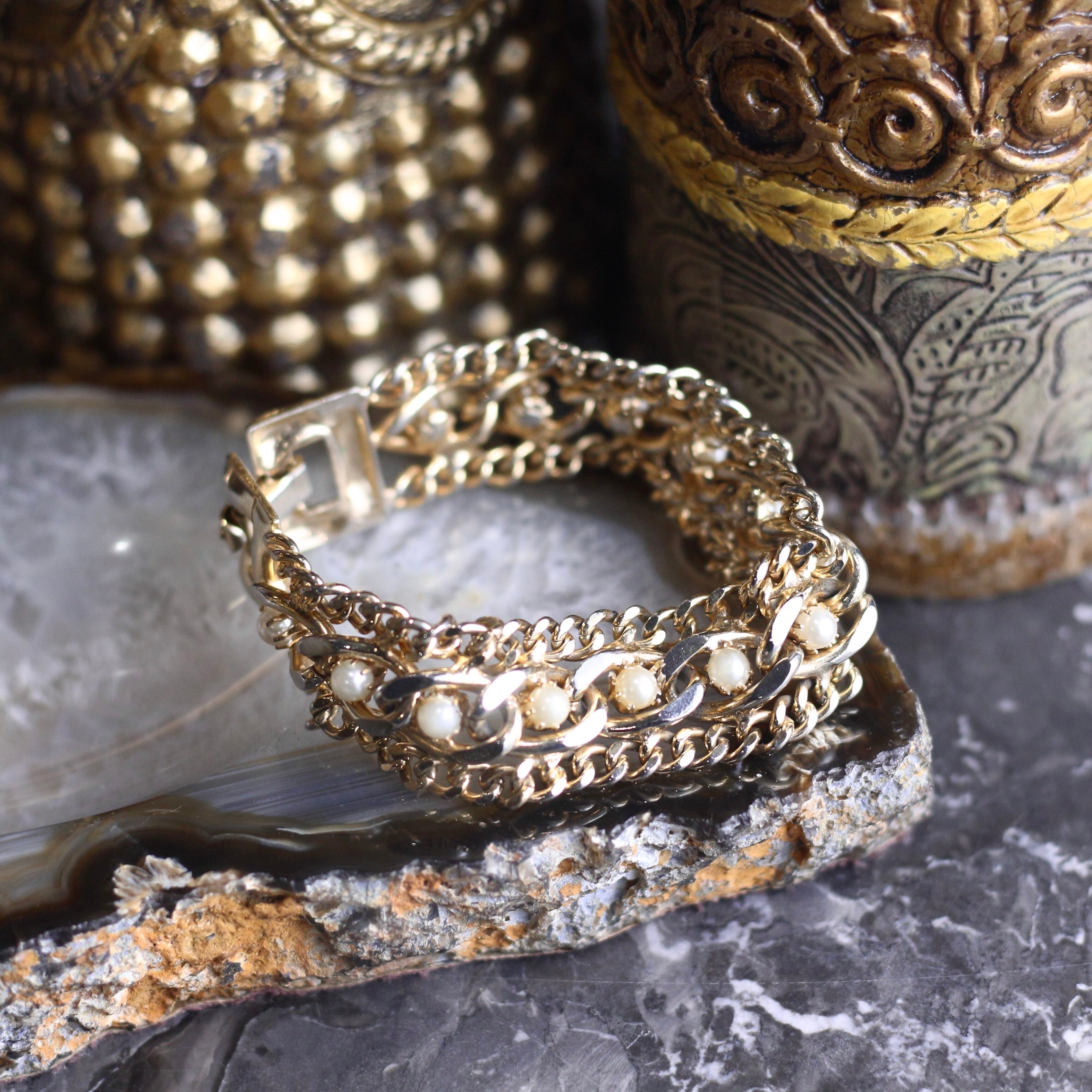 USA VINTAGE PEARL DESIGN GOLD CHAIN BRACELET/アメリカ古着パール