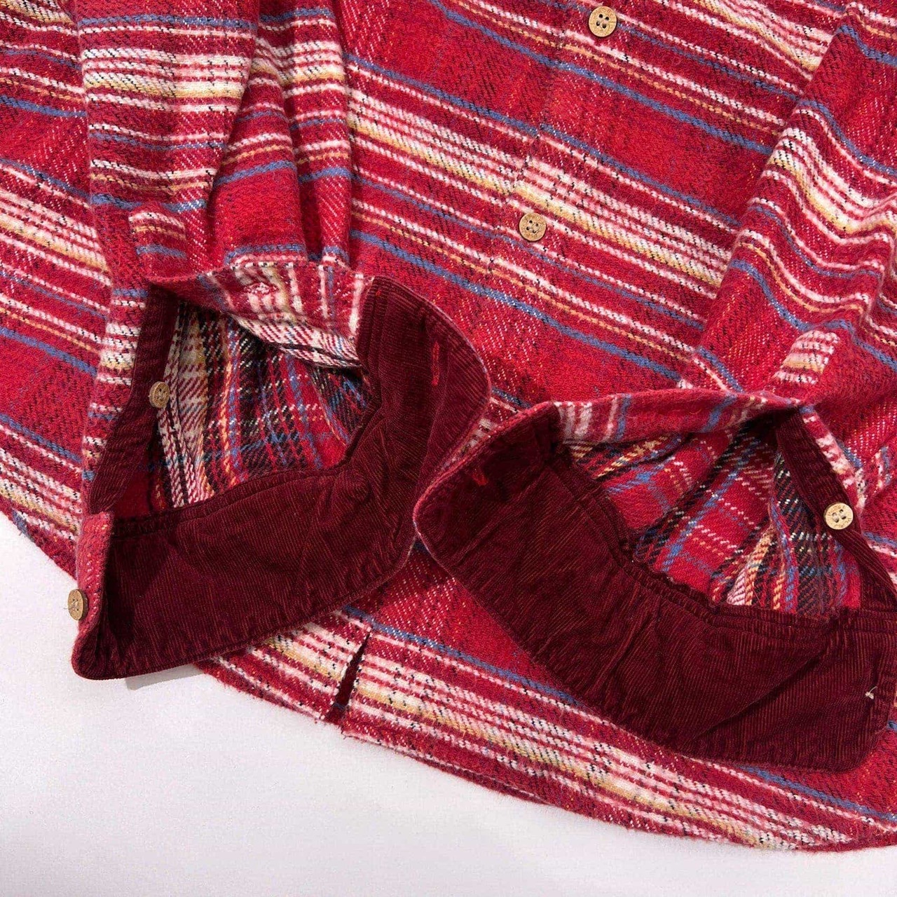 PAPAS パパス 木ボタン コーデュロイ切替 ボーダー 裏チェック 長袖ネルシャツ L/レッド