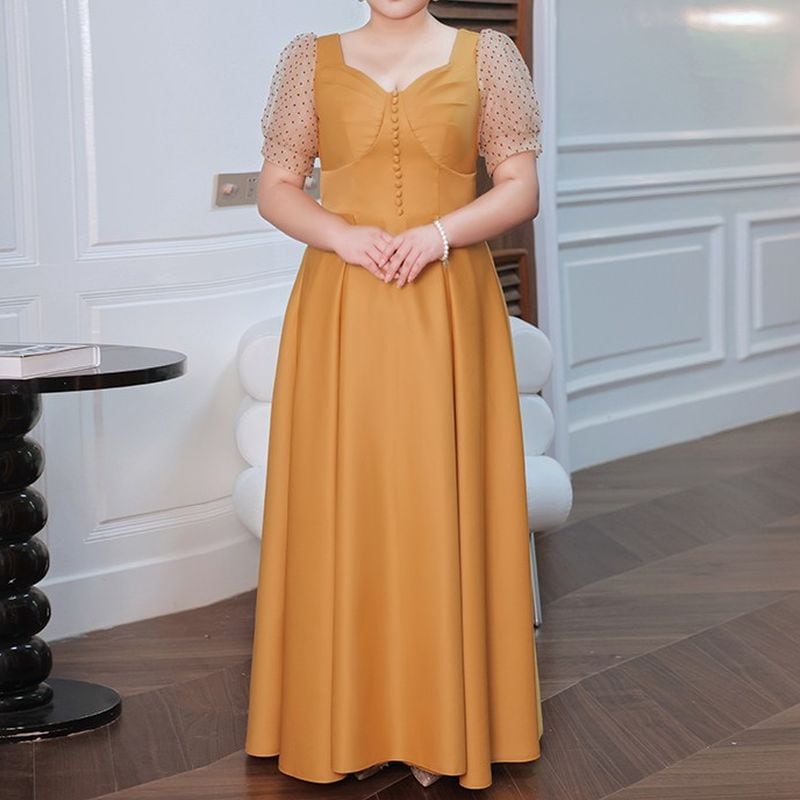 3XL〜7XL】ドットパフスリーブロングドレス D1617 | 演奏会・ステージ