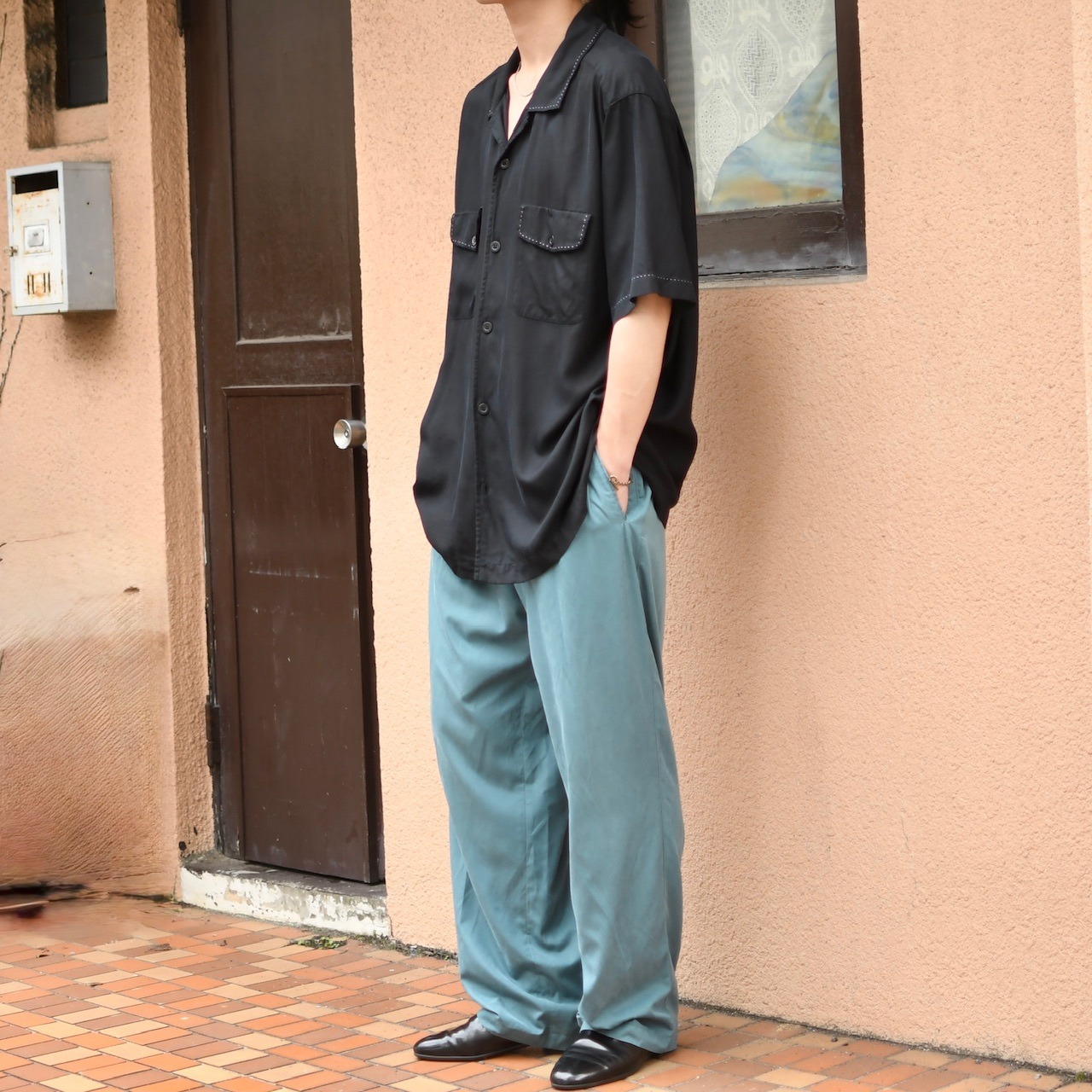 BARANDINI stitch design silk open collar shirt