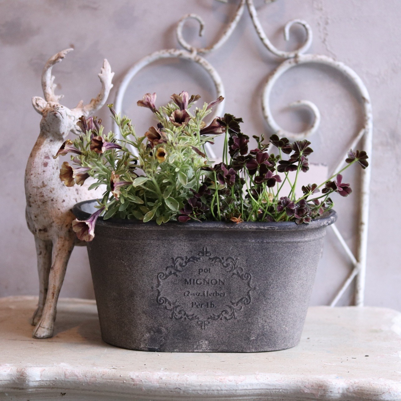 mondimanche 植木鉢　ミニョンオーバルSDGY｜シャビーシック　寄せ植えして飾ると素敵なガーデンになる　MA2634