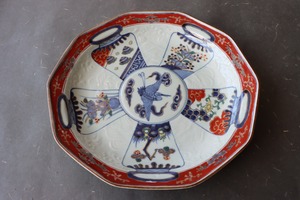 古伊万里 色絵 鶴壺文 十角形 大皿 尺皿/Old Imari large size plate