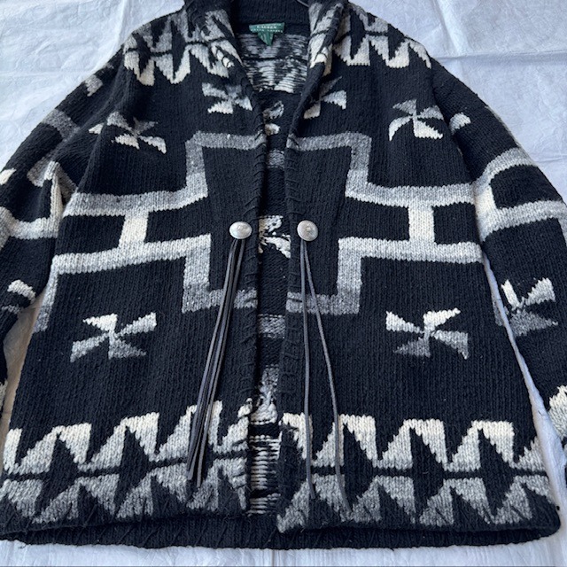 Ralph Lauren ラルフローレン ハンドニットカーディガン 80s〜90s 風車柄 コンチョ 革紐 ブラック ヴィンテージ古着 M 画像9