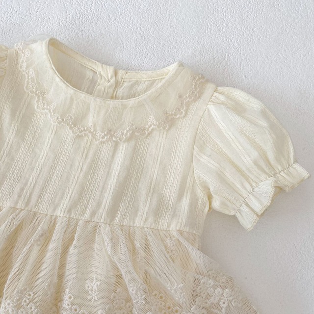 【BABY】半袖レース襟チュール刺繍ワンピースロンパース - 16