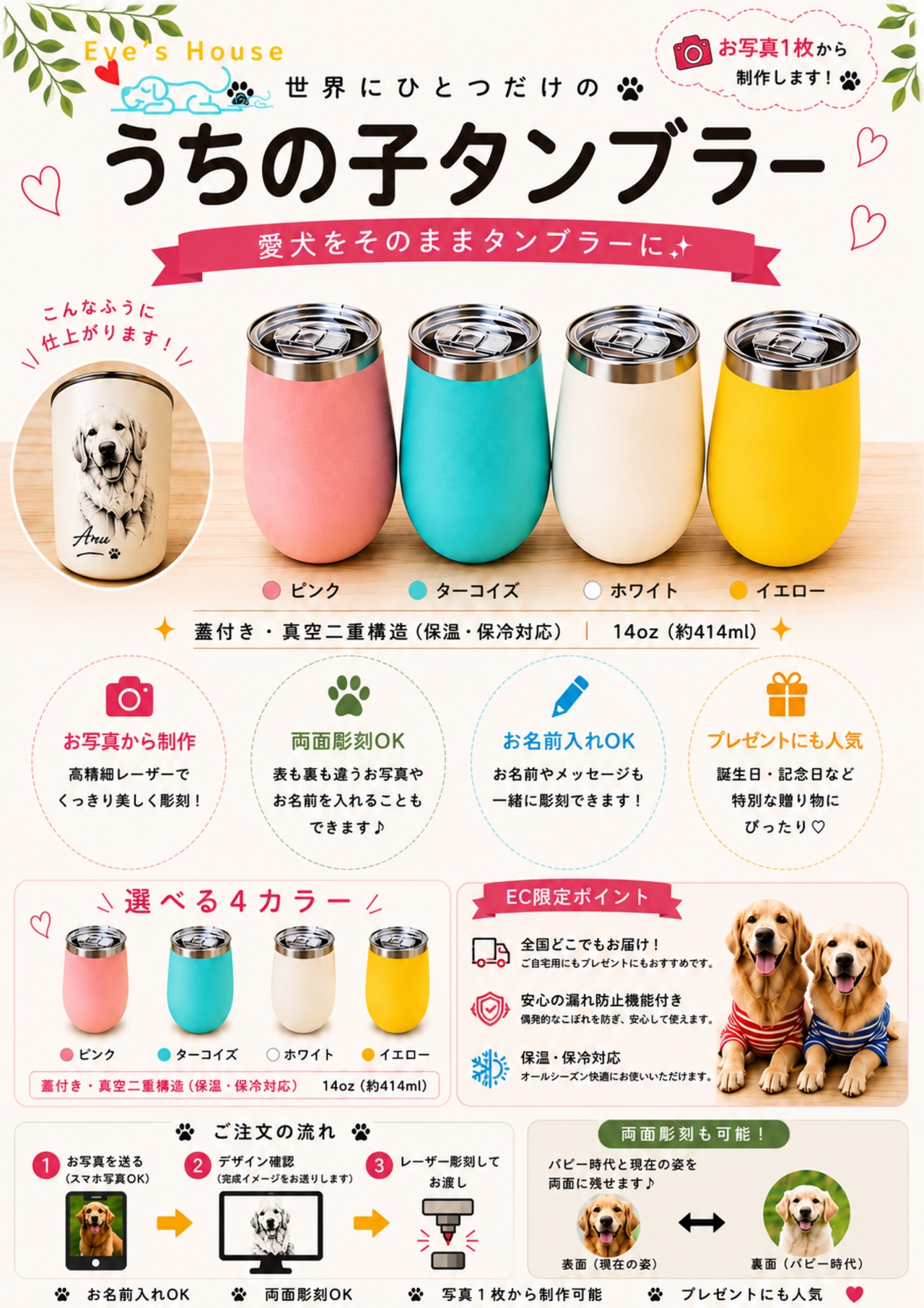 【蓋付き】うちの子オーダーメイドタンブラー表裏2面彫刻用　（414ml）｜保温・保冷対応　プレゼント