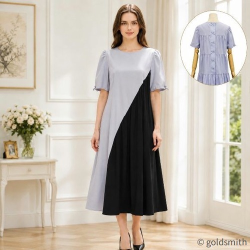 スーパービューティー ワンピース アシンメトリー 異素材切替 ティアード バックリボン 半袖 2616043 グレー 2026年春夏 オーラボー Super Beauty ミセス 上品 エレガント 大人可愛い レディース