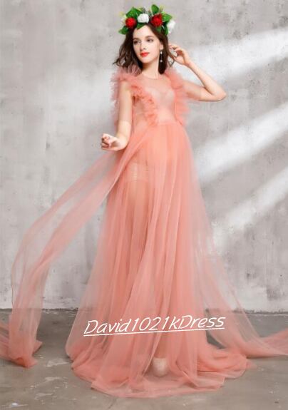 妊婦ドレス マタニティ 薄ピンク シースルー 写真撮影 ソフトチュー  