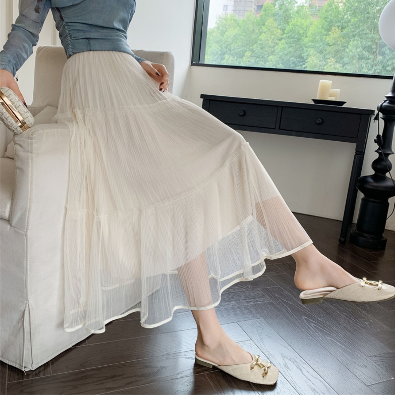 シアー メッシュ プリーツ ティアード スカート 10314