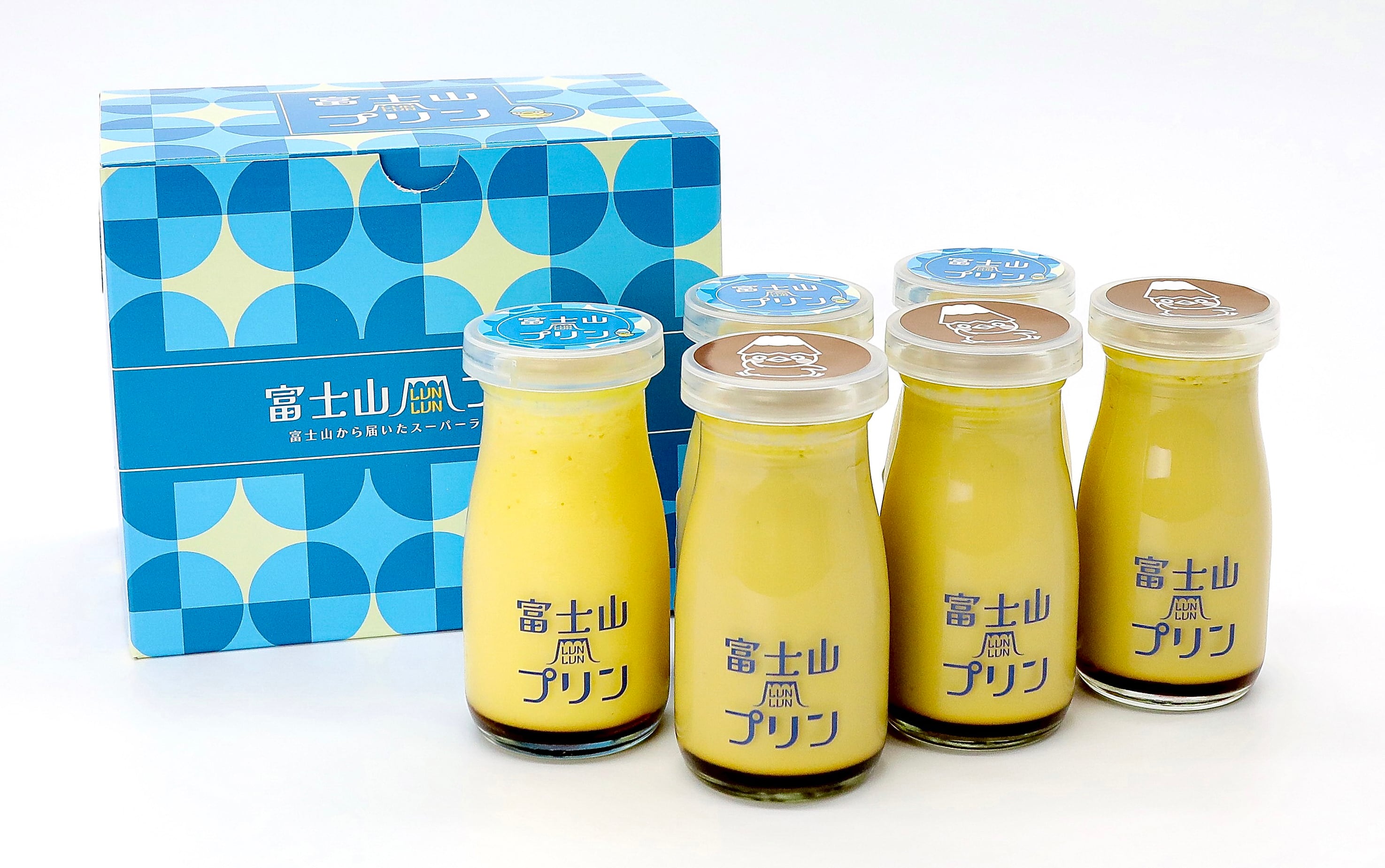 富士山ルンルンプリン×3、コーヒー牛乳・抹茶・ミルクティー各1セット