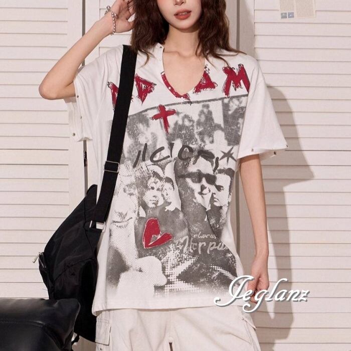 ポートレート ロゴ Tシャツ Vネック リング ユニセックス (MC786)β