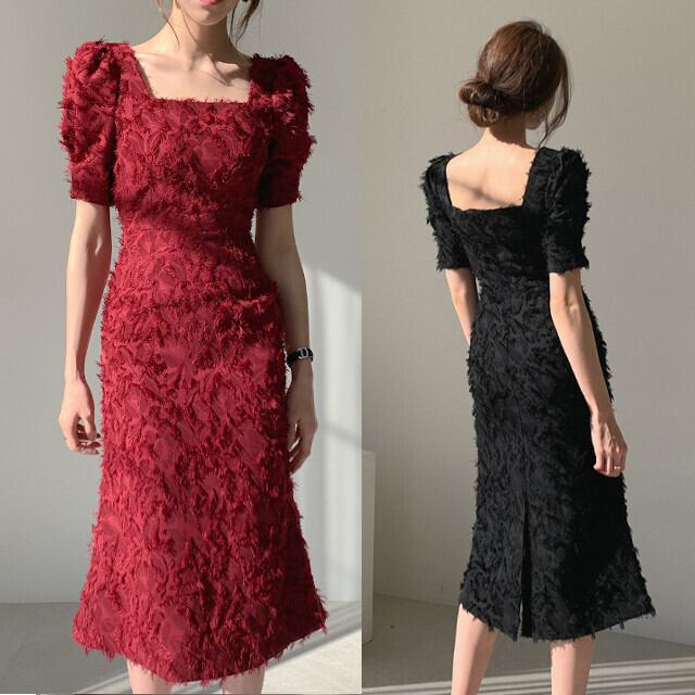 全3色 レディース ワンピースドレス 結婚式 パーティ お呼ばれ スクエアネック 半袖 パフスリーブ ジャガード Aライン 膝下丈 ワインレッド/ブラック/アイボリー S/M