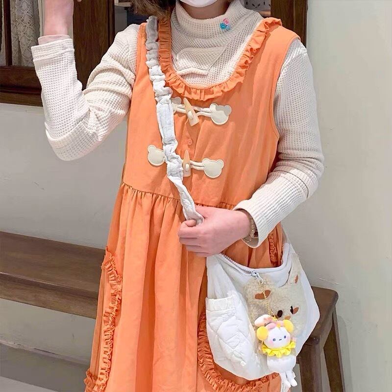 ワンピース オレンジ カジュアル シンプル 森ガール ワンピース リボン